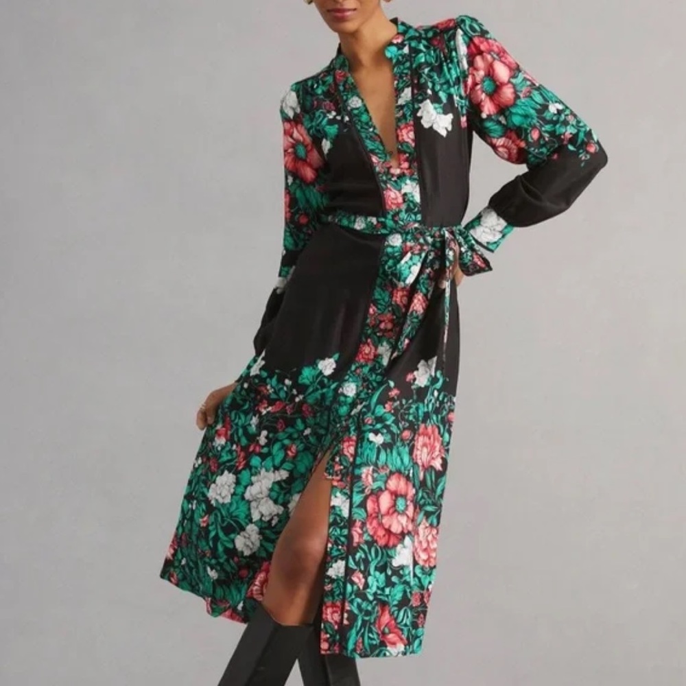 Anthropologie Black Red Floral Long Sleeves Midi Shirt Dress women large w/belt